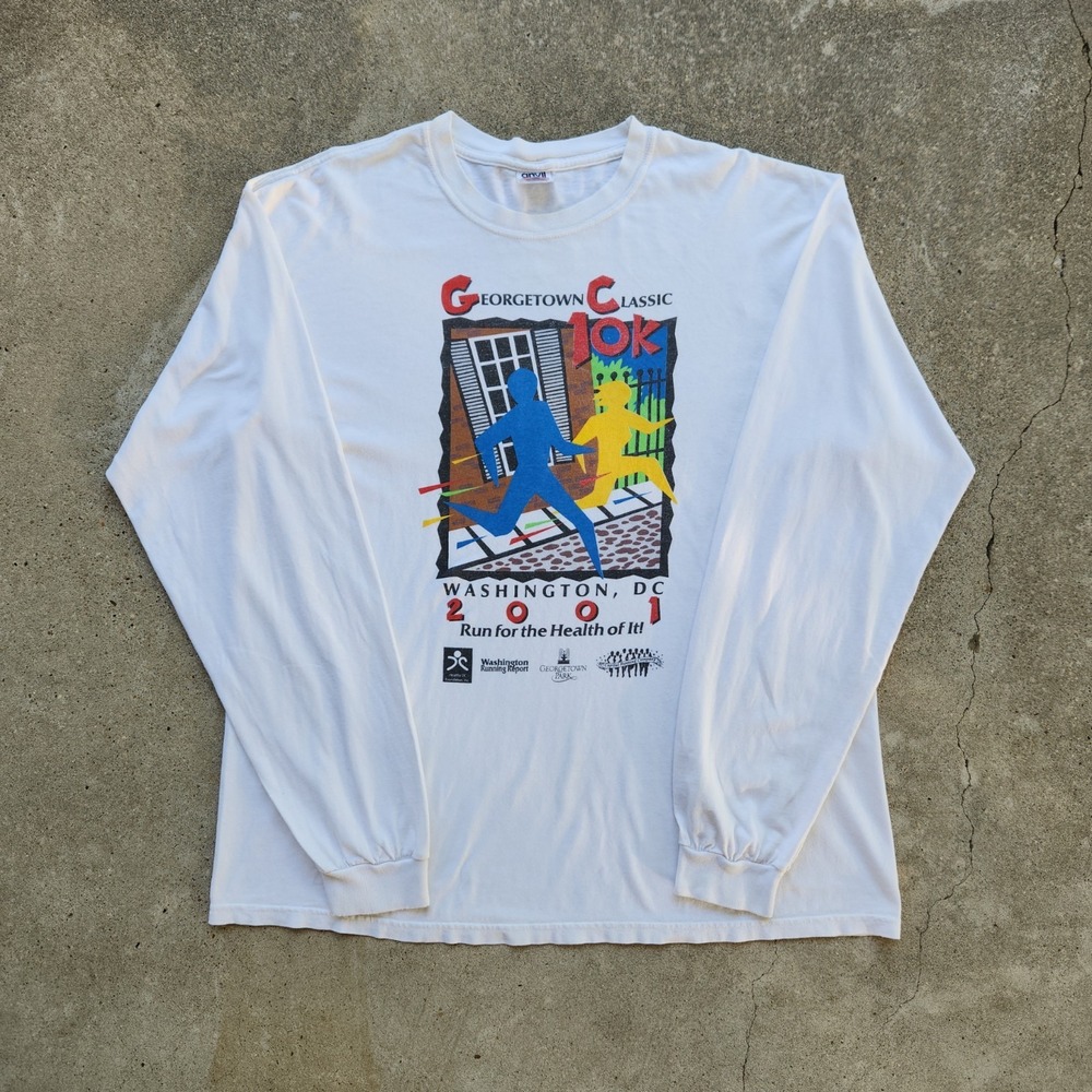 VTG Y2K 10K Race T-Shirt Size XL White Long Sleeve Runners Gorpcore Georgetown